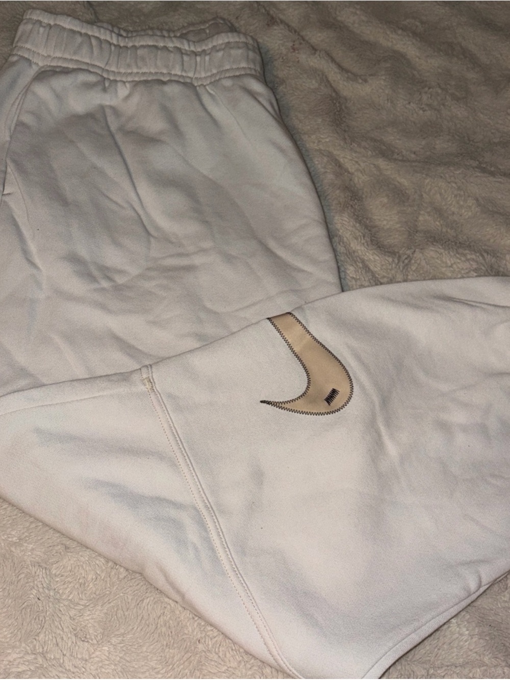 Nike White Sweatpants with Beige Swoosh Accent